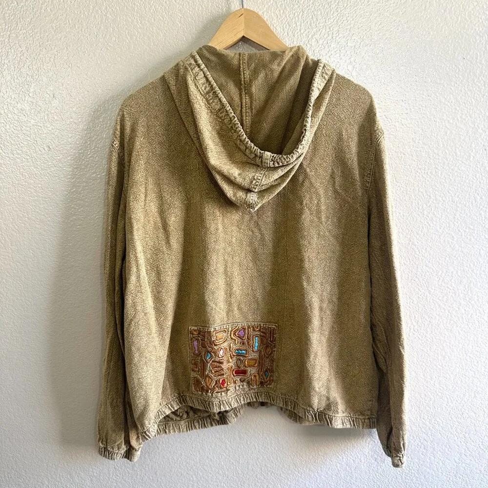 Vintage Y2K Boho Tan Camel 100% Cotton Embroidered Full Zip Hoodie